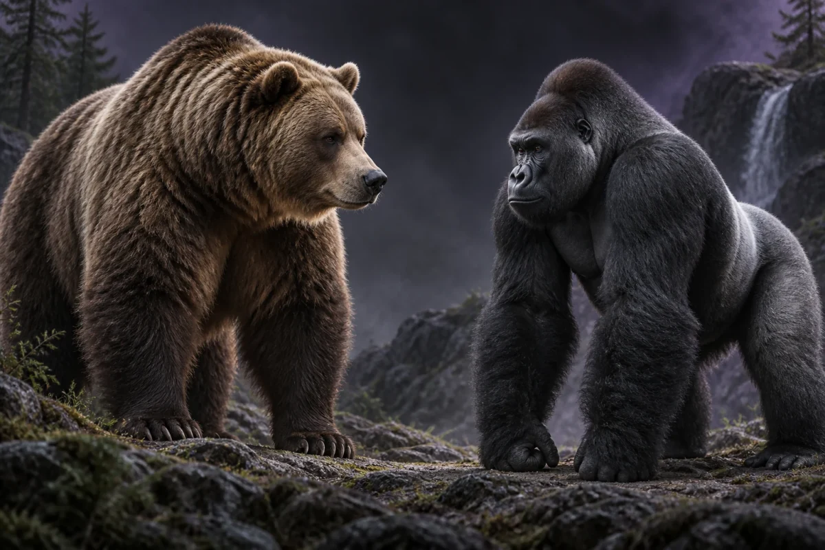 Editorial illustration of a grizzly bear facing a silverback gorilla for a hypothetical comparison. Editorial illustration of a grizzly bear facing a silverback gorilla for a hypothetical comparison.
