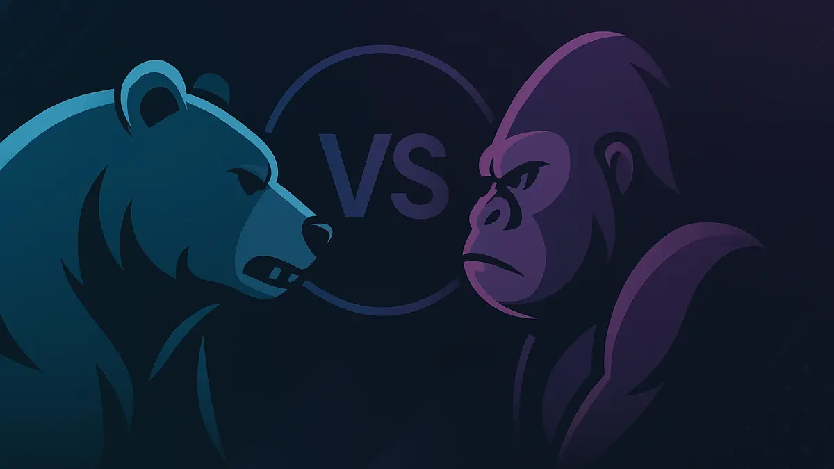 Artistic representation of a bear and gorilla in fighting stances