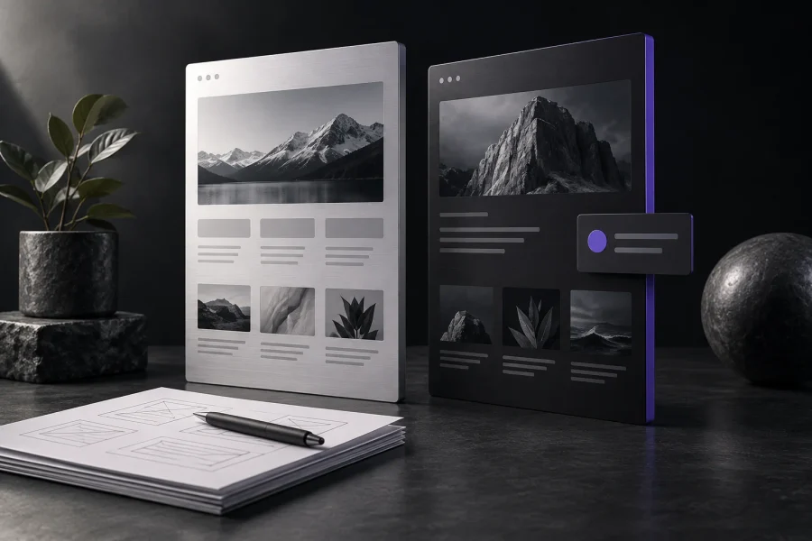 Silver and purple website models beside planning sheets, illustrating a comparison of website scope.