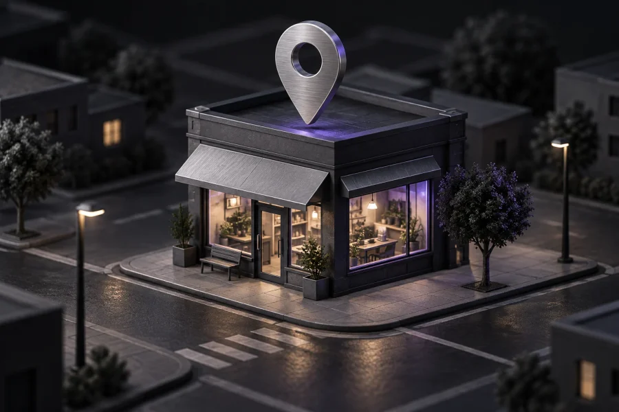 A small service-business building and location pin on a simplified local map.