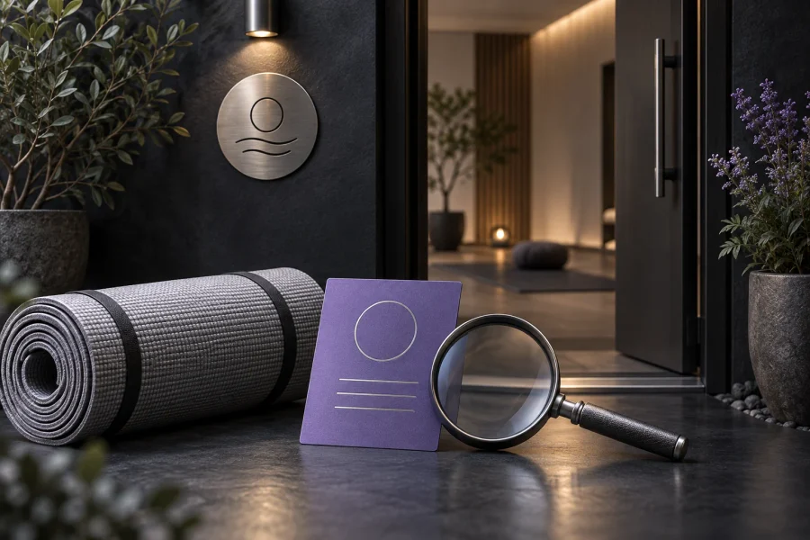 A yoga studio doorway and session-request card in an illustrative landing-page review.