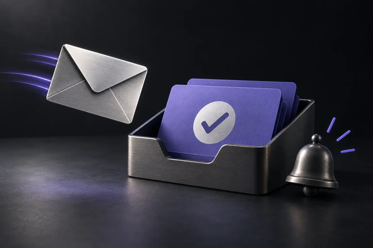 An envelope, acknowledgment card and alert bell illustrating an inquiry confirmation. An envelope, acknowledgment card and alert bell illustrating an inquiry confirmation.