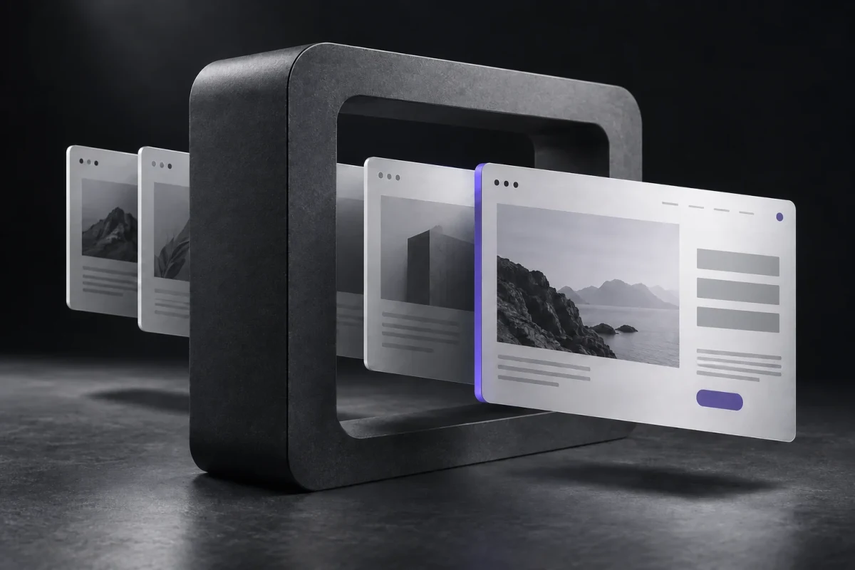Light website layers passing through an open frame to suggest a lean page.