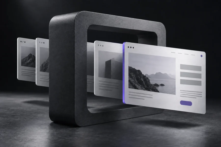 Light website layers passing through an open frame to suggest a lean page.